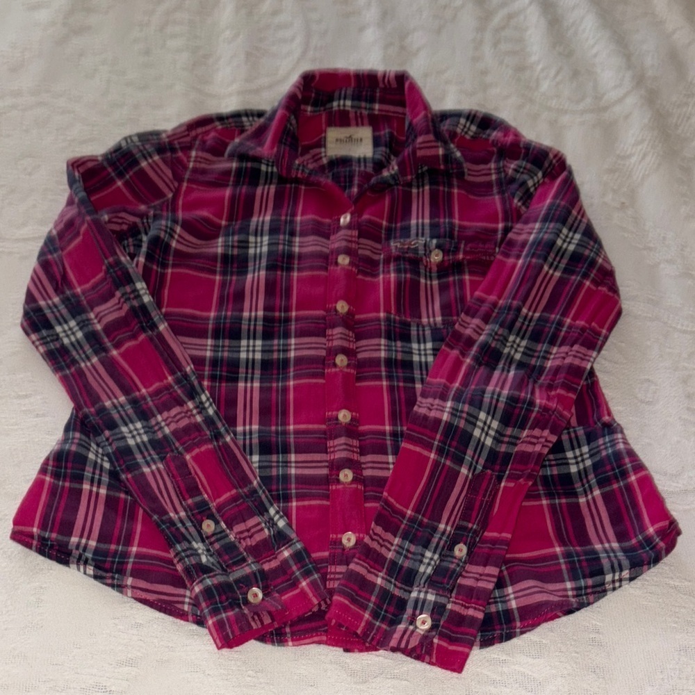 Gently Loved Pink and Navy Plaid Button Down Shirt by HOLLISTER